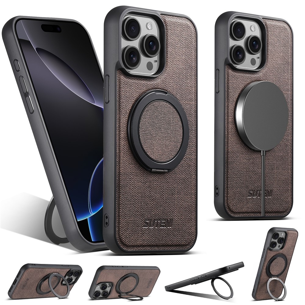 SUTENI G3 For iPhone 15 Pro Max Magnetic Case Rotating Ring Kickstand Jeans Texture PU TPU Phone Back Cover - Brown