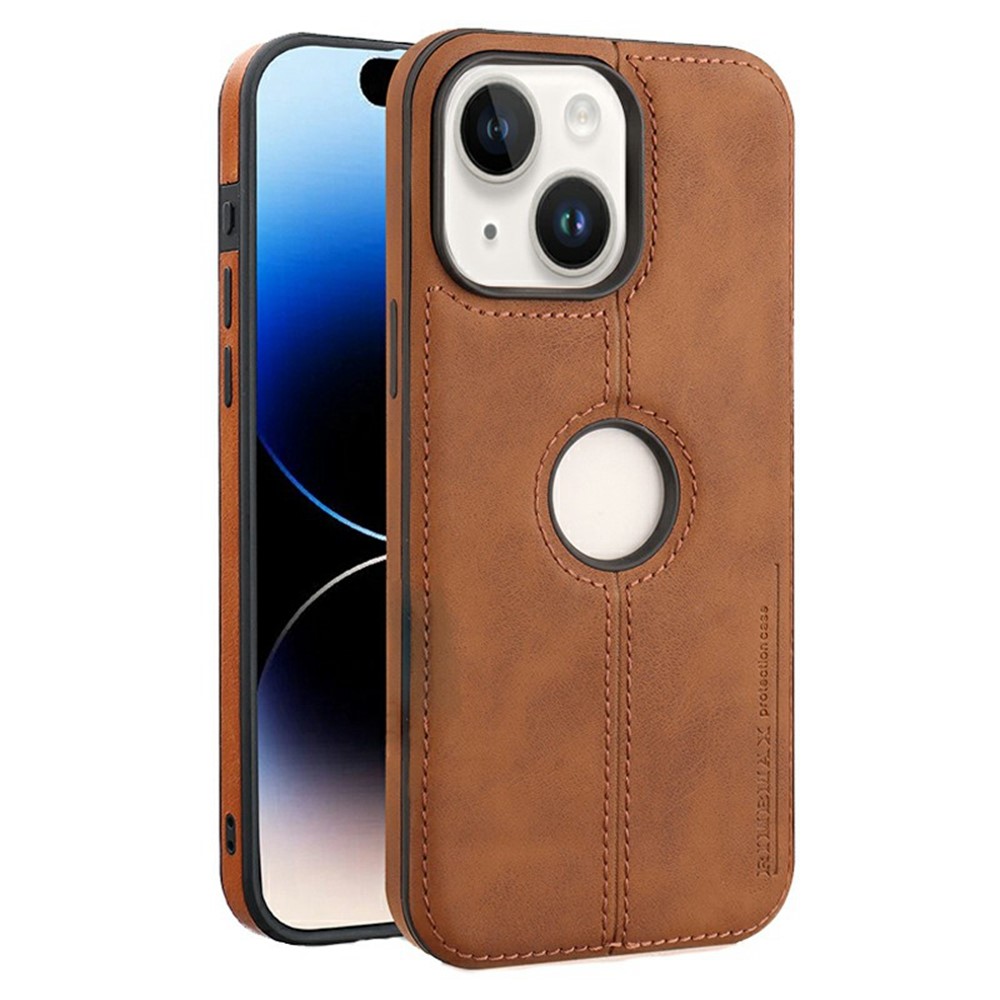 For iPhone 15 Plus Case Central Axis with Logo Cutout PU Leather + PC Phone Back Cover - Light Brown