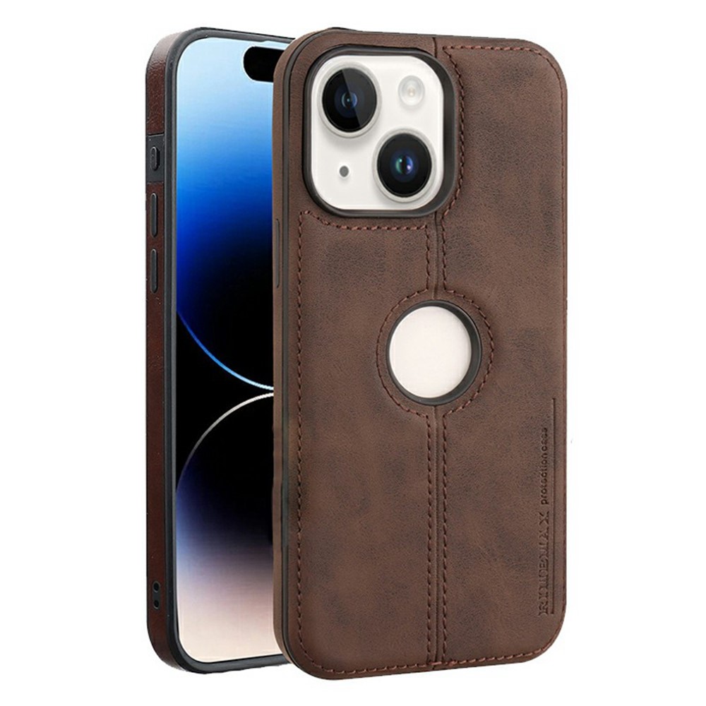 For iPhone 15 Plus Case Central Axis with Logo Cutout PU Leather + PC Phone Back Cover - Dark Brown