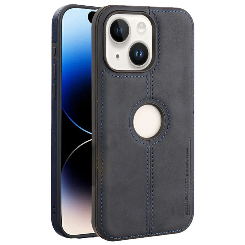 For iPhone 14 Case Central Axis with Logo Cutout PU Leather + PC Phone Back Cover - Blue