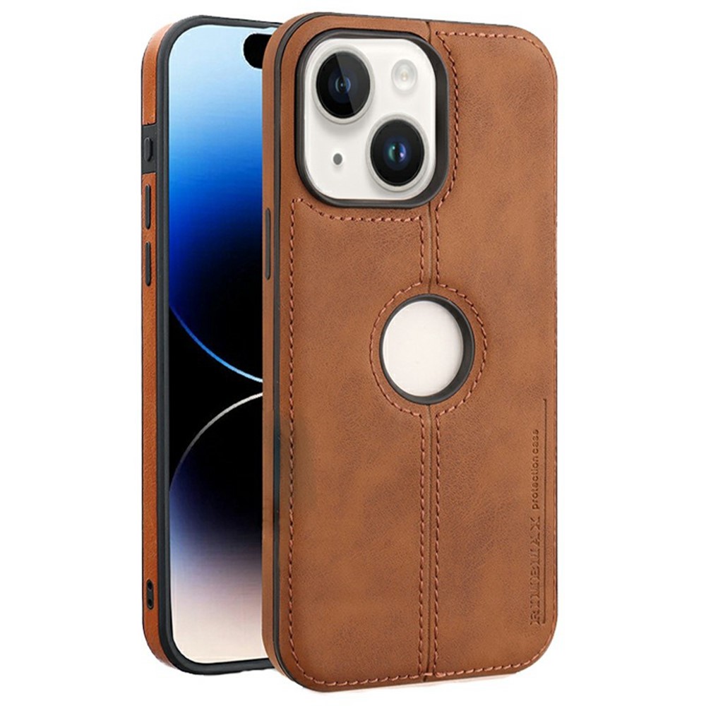 For iPhone 13 Case Central Axis with Logo Cutout PU Leather + PC Phone Back Cover - Light Brown