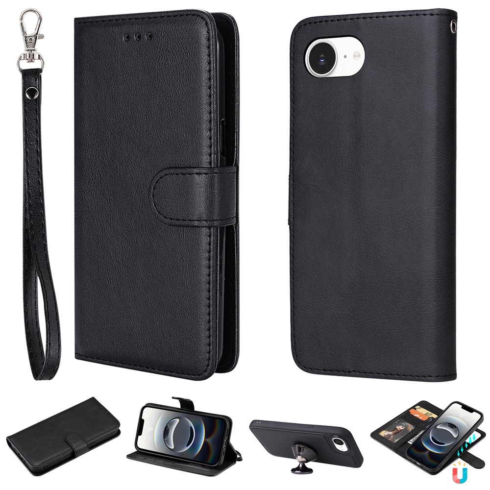 For iPhone 16e Case 2 in 1 Detachable Magnetic Leather Wallet Mobile Cover with Strap - Black