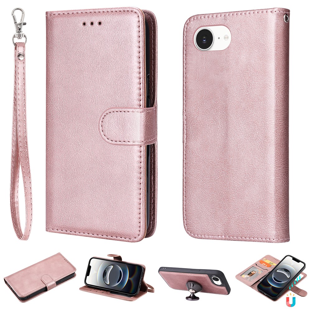 For iPhone 16e Case 2 in 1 Detachable Magnetic Leather Wallet Mobile Cover with Strap - Rose Gold