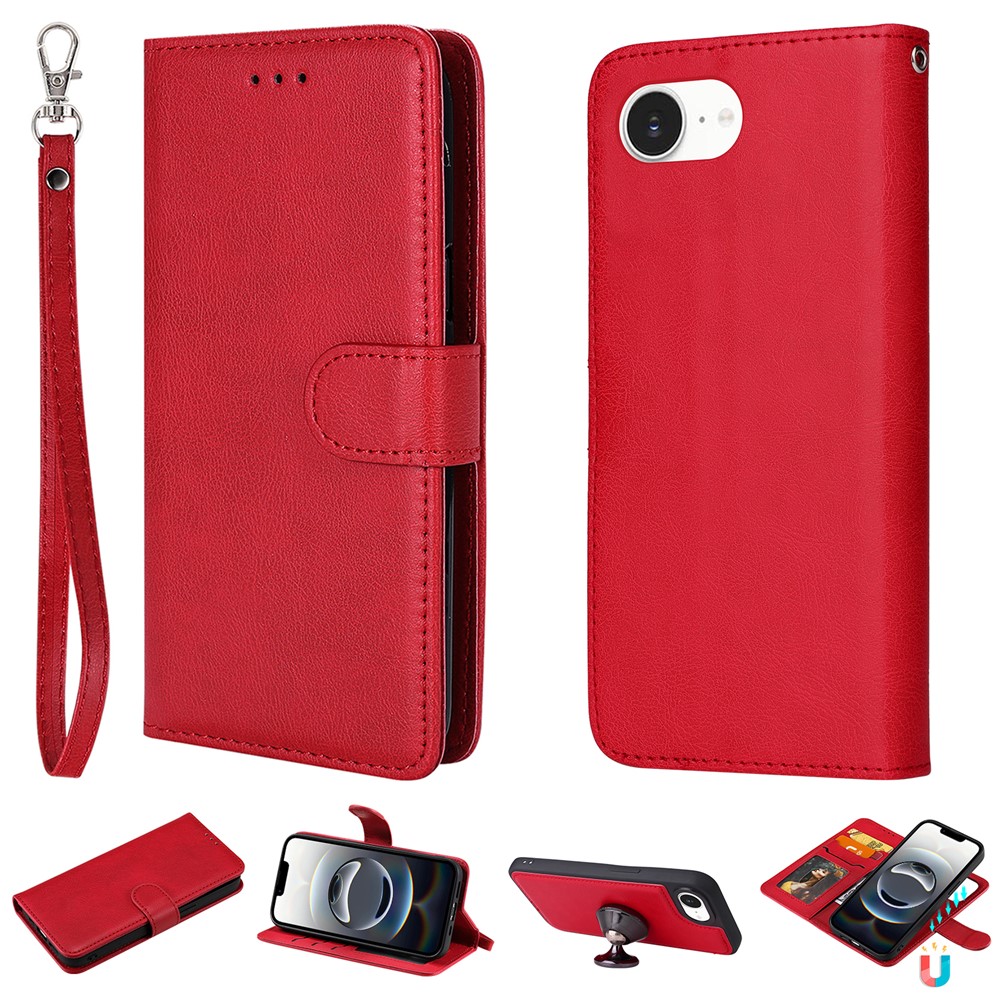 For iPhone 16e Case 2 in 1 Detachable Magnetic Leather Wallet Mobile Cover with Strap - Red