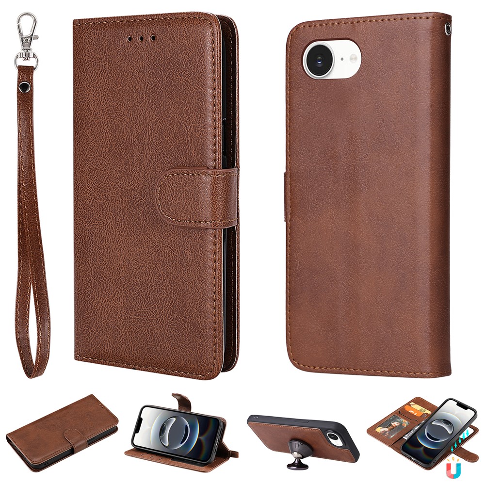 For iPhone 16e Case 2 in 1 Detachable Magnetic Leather Wallet Mobile Cover with Strap - Brown
