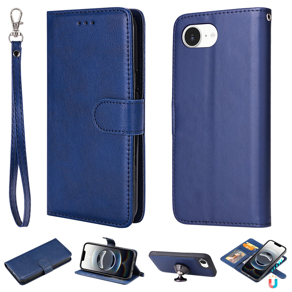 For iPhone 16e Case 2 in 1 Detachable Magnetic Leather Wallet Mobile Cover with Strap - Blue