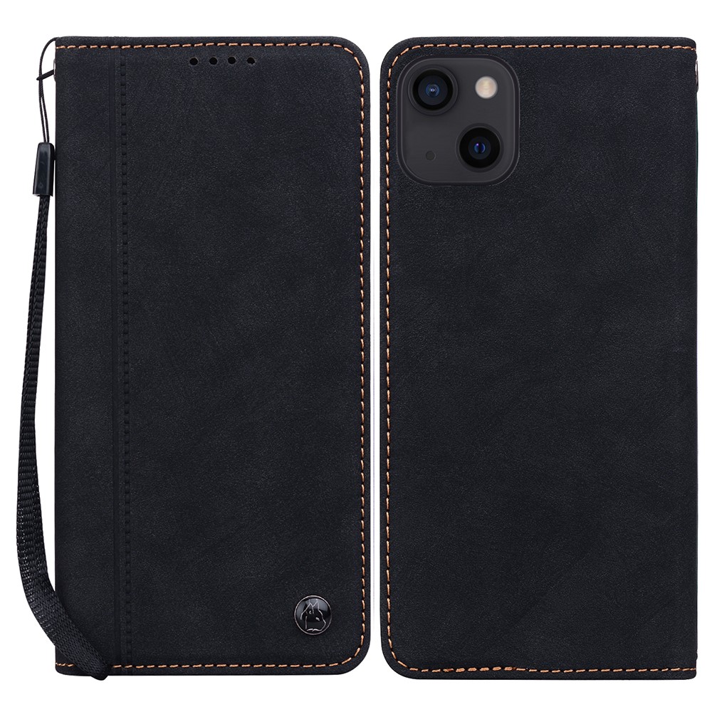 For iPhone 14 / 13 Case Lines Pattern Wallet Leather Phone Cover with Strap - Black