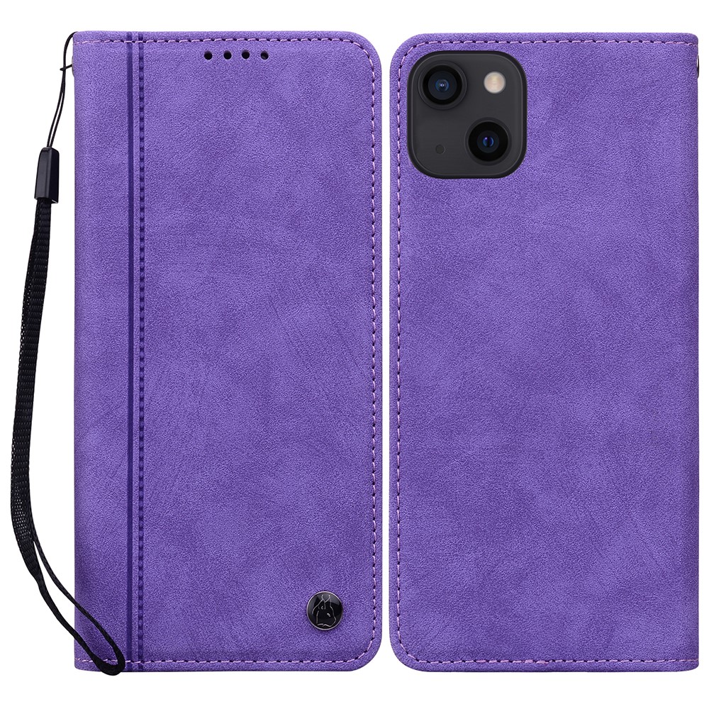 For iPhone 14 / 13 Case Lines Pattern Wallet Leather Phone Cover with Strap - Purple