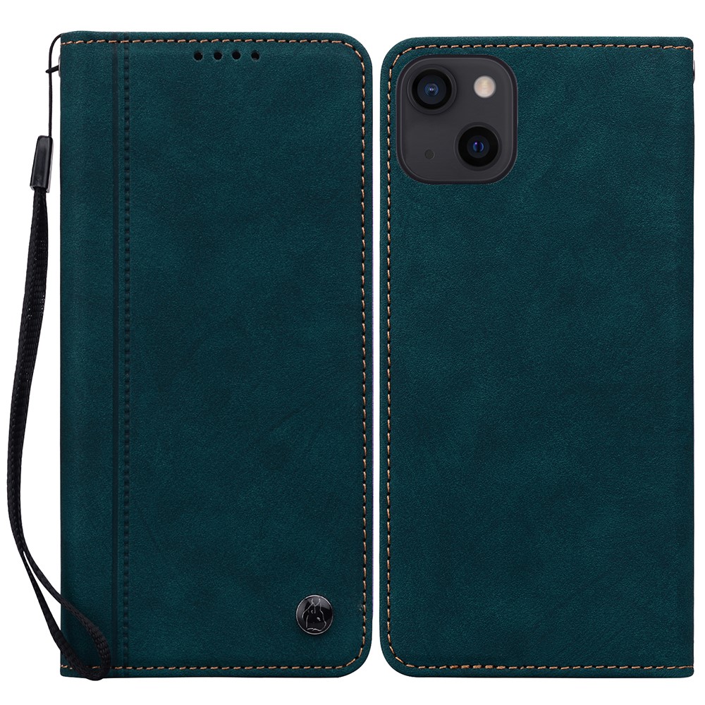 For iPhone 14 / 13 Case Lines Pattern Wallet Leather Phone Cover with Strap - Green