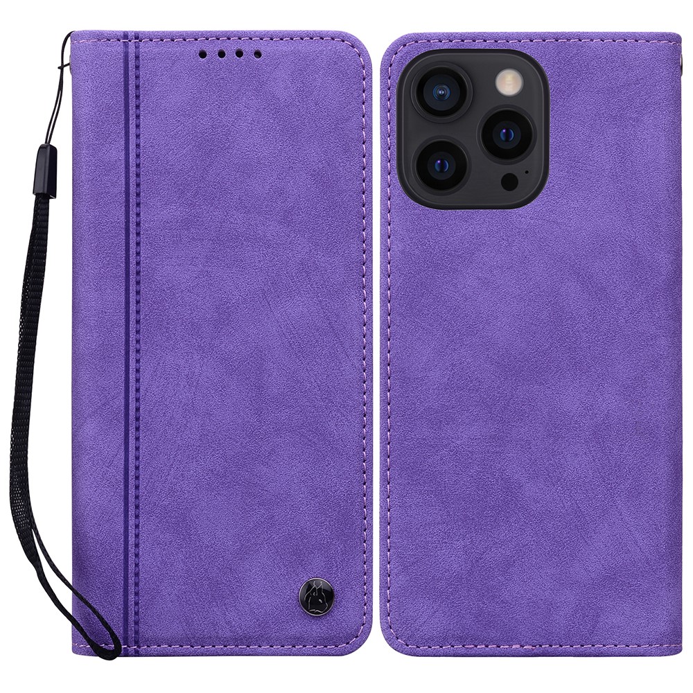For iPhone 14 Pro Max Case Lines Pattern Wallet Leather Phone Cover with Strap - Purple