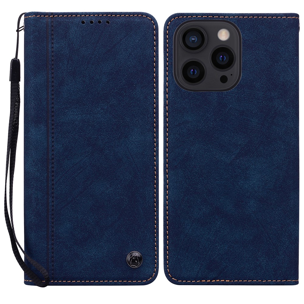 For iPhone 14 Pro Max Case Lines Pattern Wallet Leather Phone Cover with Strap - Blue