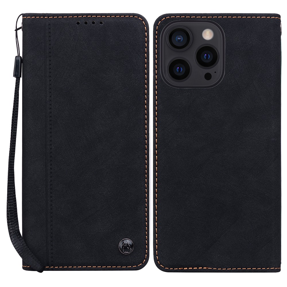 For iPhone 14 Pro Case Lines Pattern Wallet Leather Phone Cover with Strap - Black