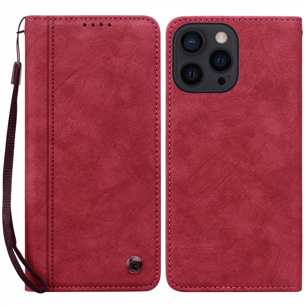 For iPhone 14 Pro Case Lines Pattern Wallet Leather Phone Cover with Strap - Red