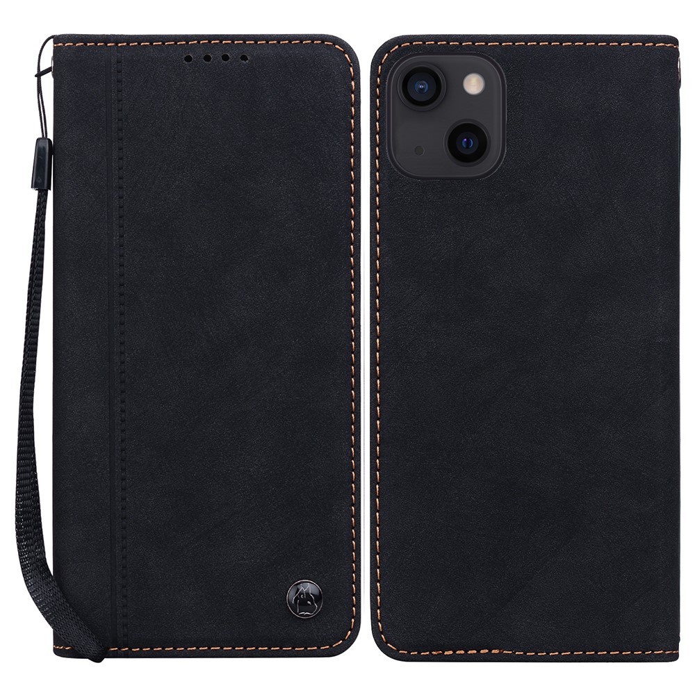 For iPhone 15 Case Lines Pattern Wallet Leather Phone Cover with Strap - Black