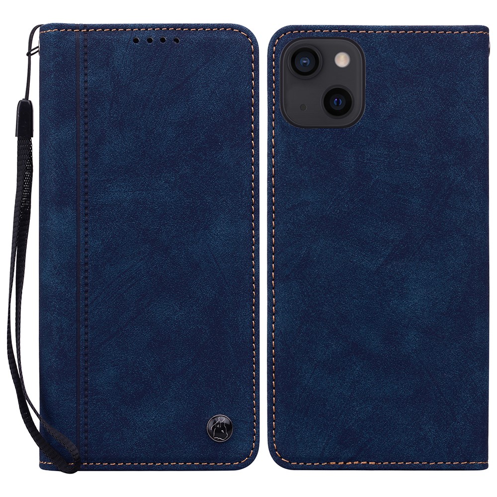 For iPhone 15 Case Lines Pattern Wallet Leather Phone Cover with Strap - Blue
