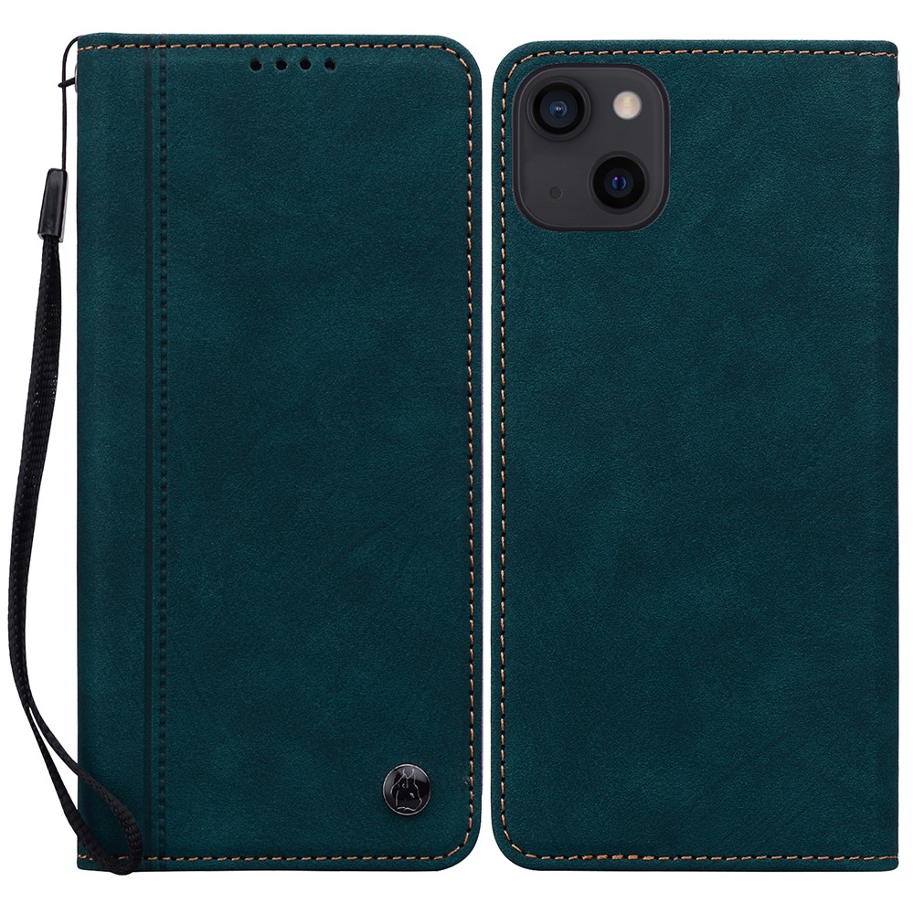 For iPhone 15 Case Lines Pattern Wallet Leather Phone Cover with Strap - Green