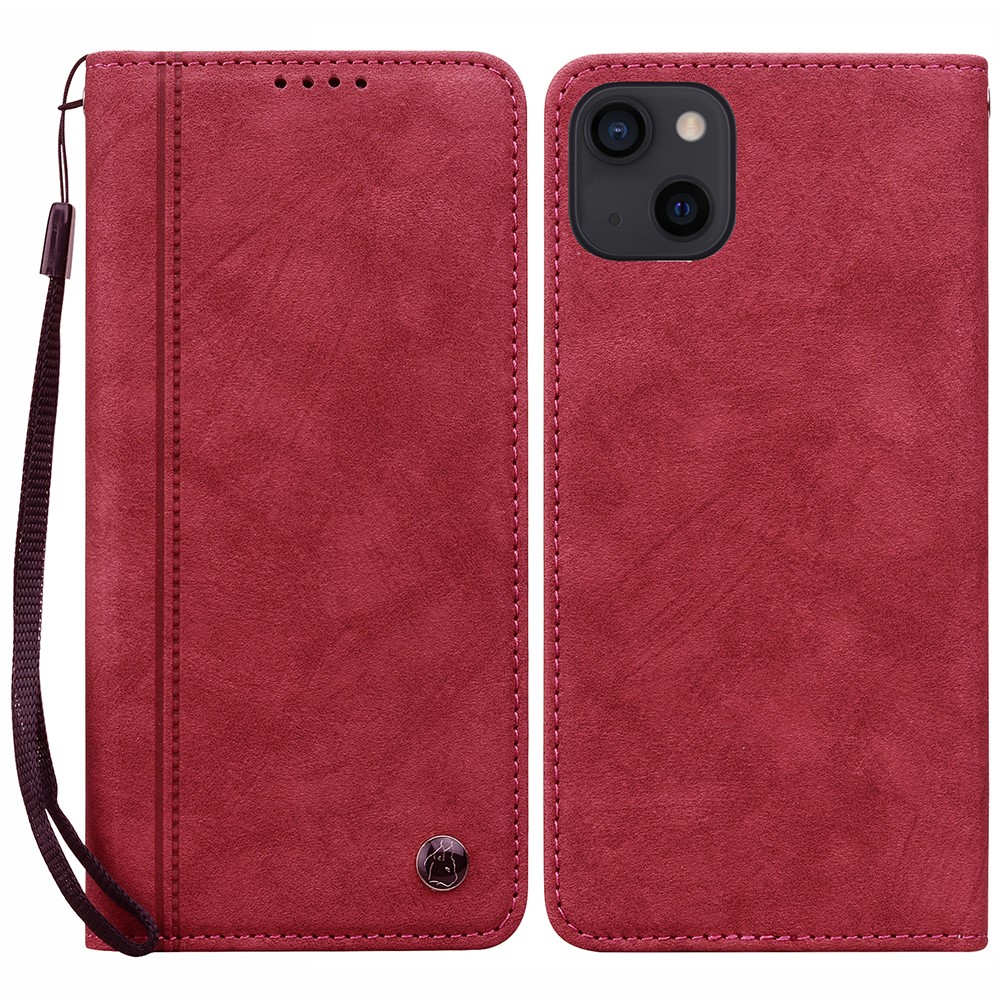 For iPhone 15 Case Lines Pattern Wallet Leather Phone Cover with Strap - Red