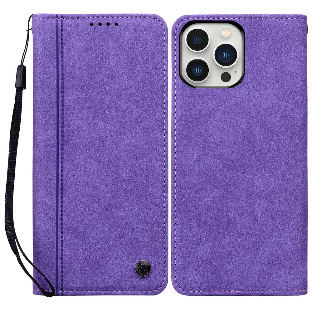 For iPhone 15 Pro Case Lines Pattern Wallet Leather Phone Cover with Strap - Purple