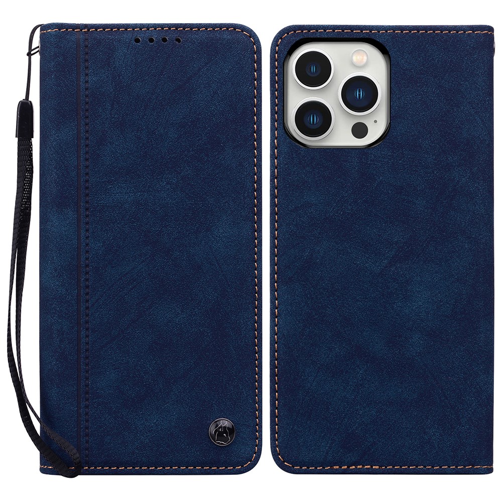 For iPhone 15 Pro Case Lines Pattern Wallet Leather Phone Cover with Strap - Blue