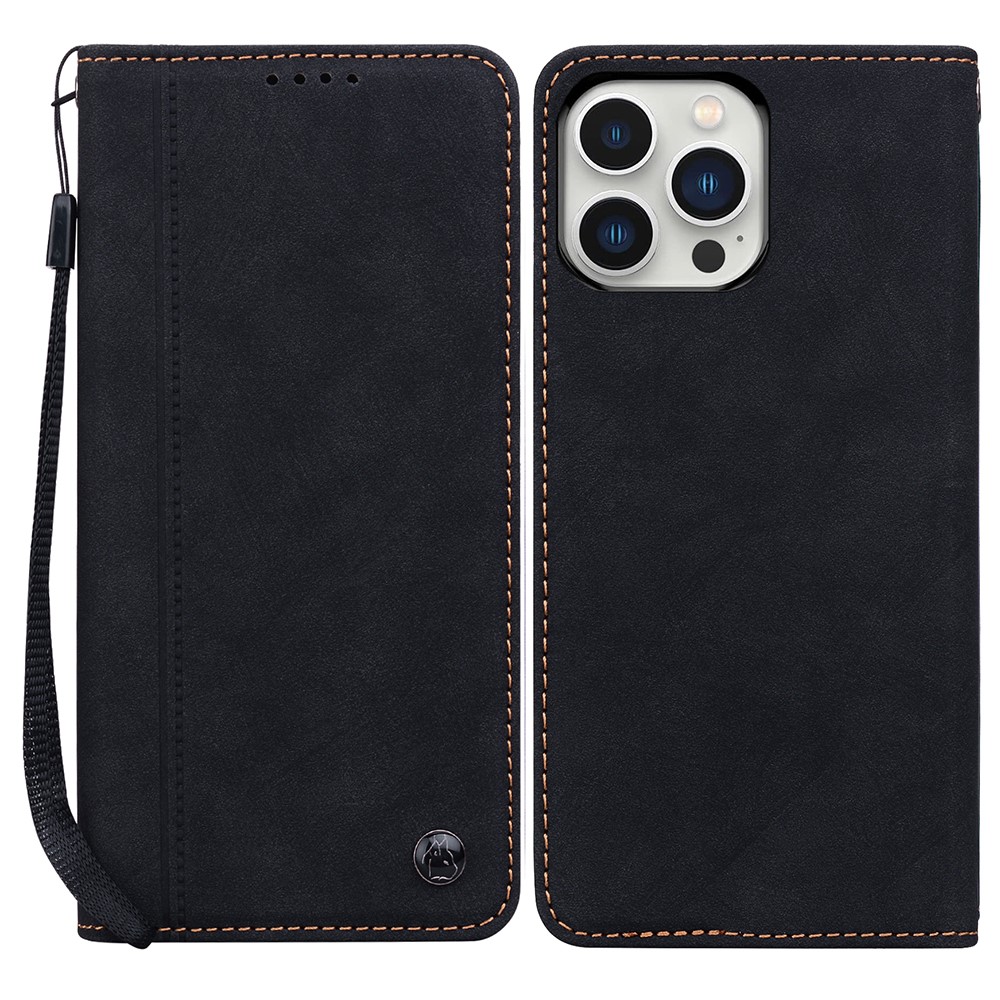 For iPhone 15 Pro Max Case Lines Pattern Wallet Leather Phone Cover with Strap - Black