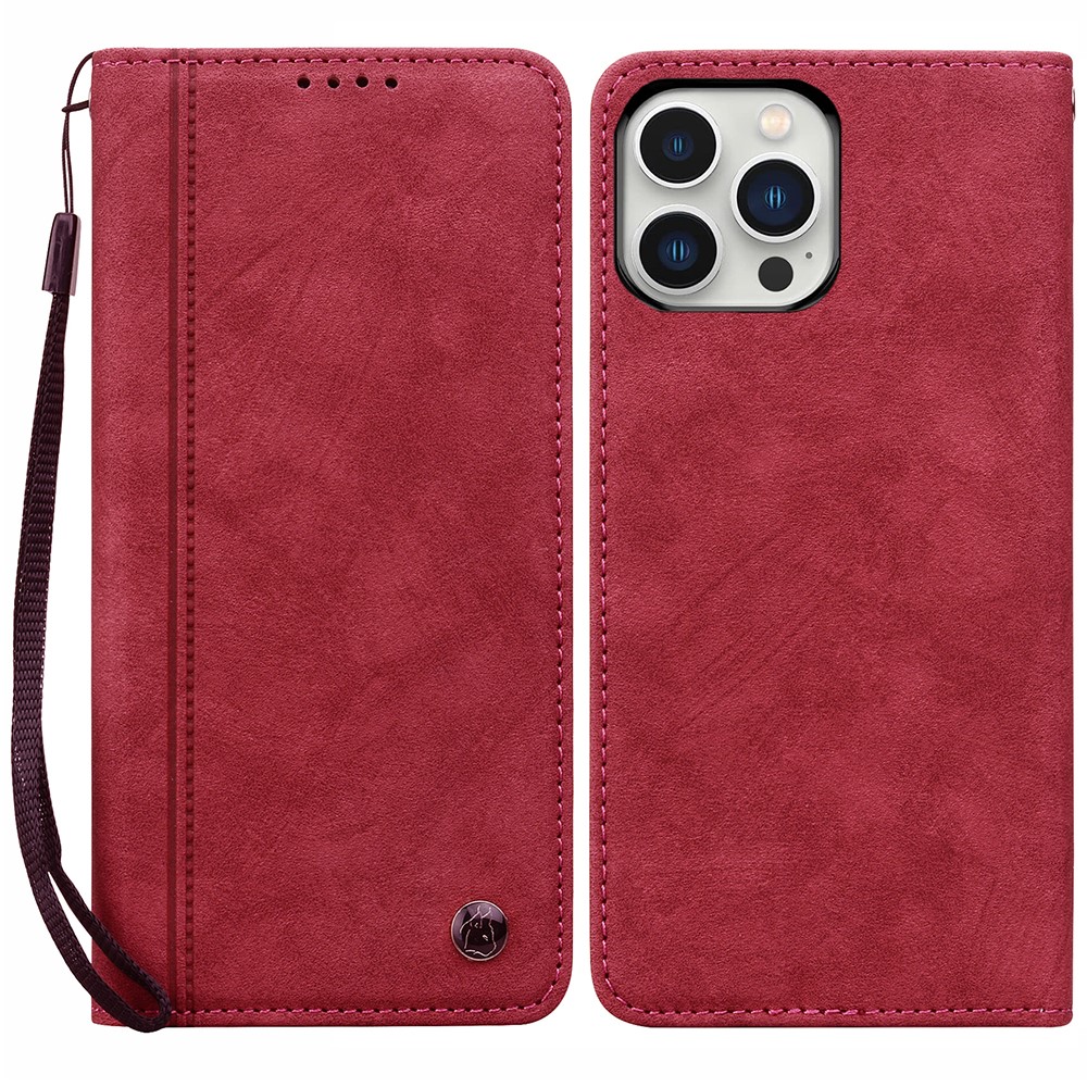 For iPhone 15 Pro Max Case Lines Pattern Wallet Leather Phone Cover with Strap - Red