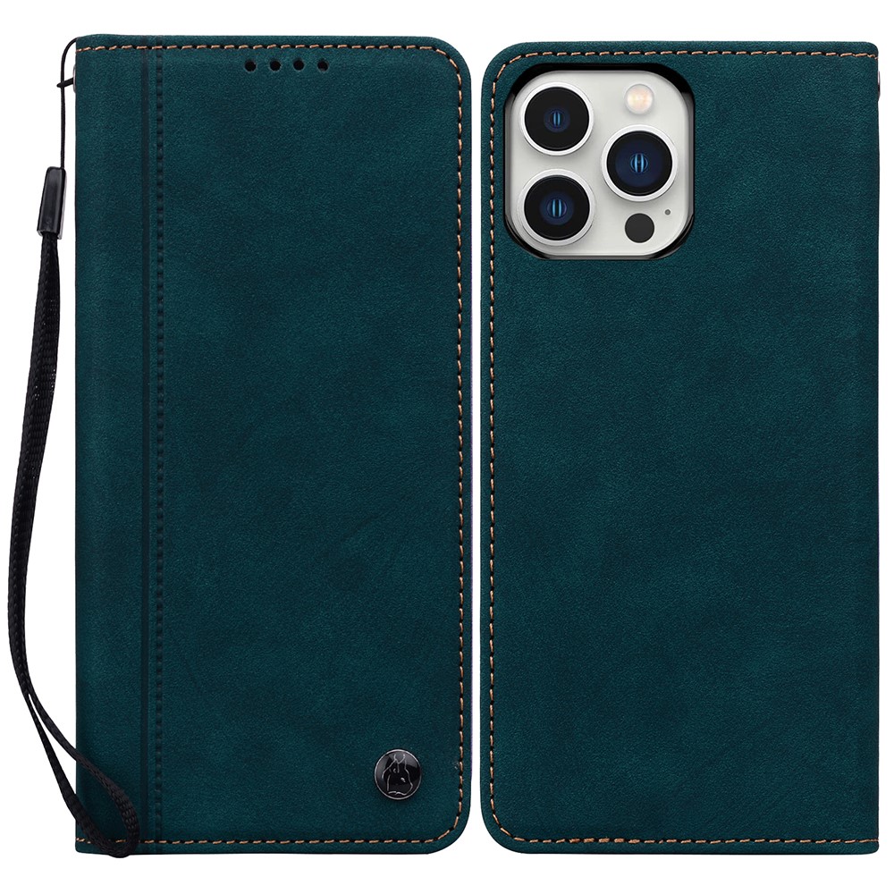 For iPhone 15 Pro Max Case Lines Pattern Wallet Leather Phone Cover with Strap - Green
