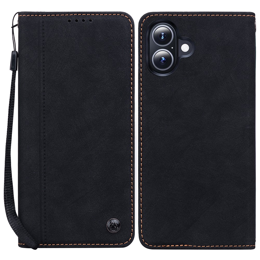 For iPhone 16 Plus Case Lines Pattern Wallet Leather Phone Cover with Strap - Black