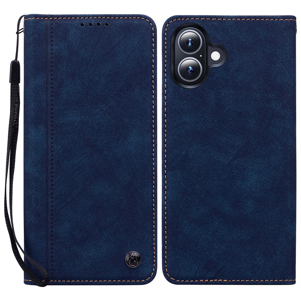 For iPhone 16 Plus Case Lines Pattern Wallet Leather Phone Cover with Strap - Blue