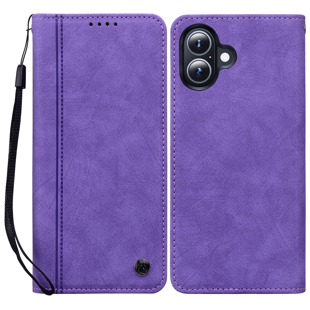 For iPhone 16 Plus Case Lines Pattern Wallet Leather Phone Cover with Strap - Purple