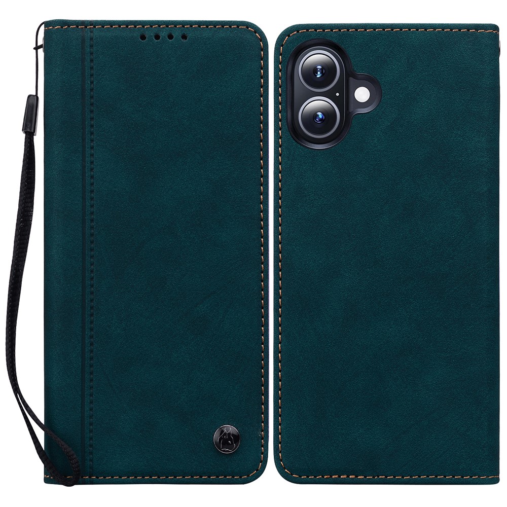 For iPhone 16 Plus Case Lines Pattern Wallet Leather Phone Cover with Strap - Green