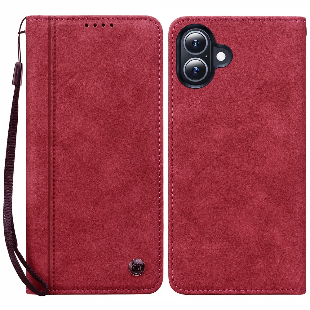 For iPhone 16 Plus Case Lines Pattern Wallet Leather Phone Cover with Strap - Red