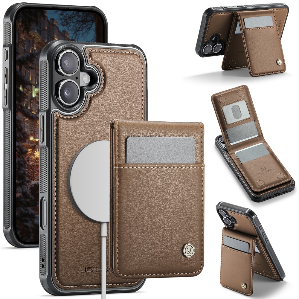 For iPhone 16 Leather Back Cover Compatible with MagSafe JEEHOOD J06 Phone Case with Card Bag RFID Blocking - Brown