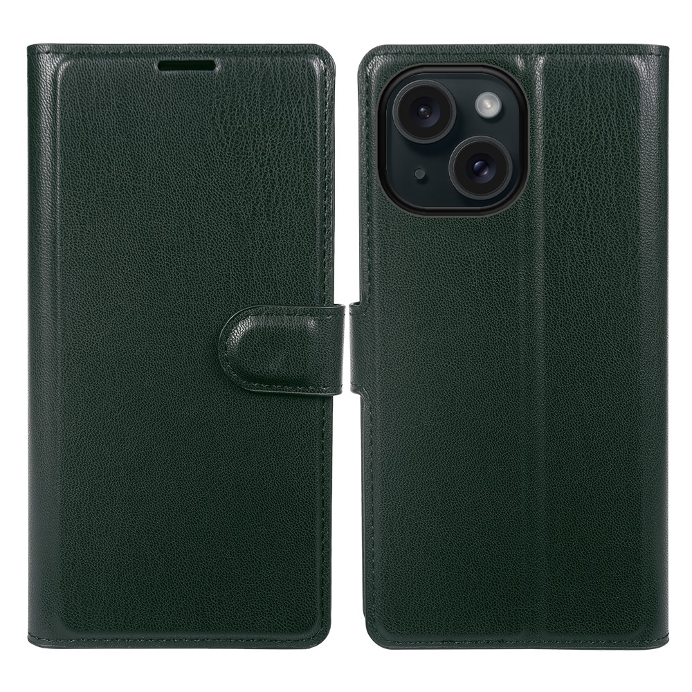 For iPhone 15 Stand Case Biobased Eco-Friendly RPET RPVB Slim Phone Cover with Wallet - Blackish Green