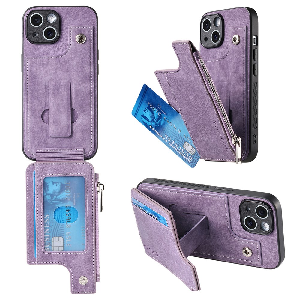 For iPhone 14 Case Zipper Card Holder Kickstand Leather + PC + TPU Phone Cover - Purple