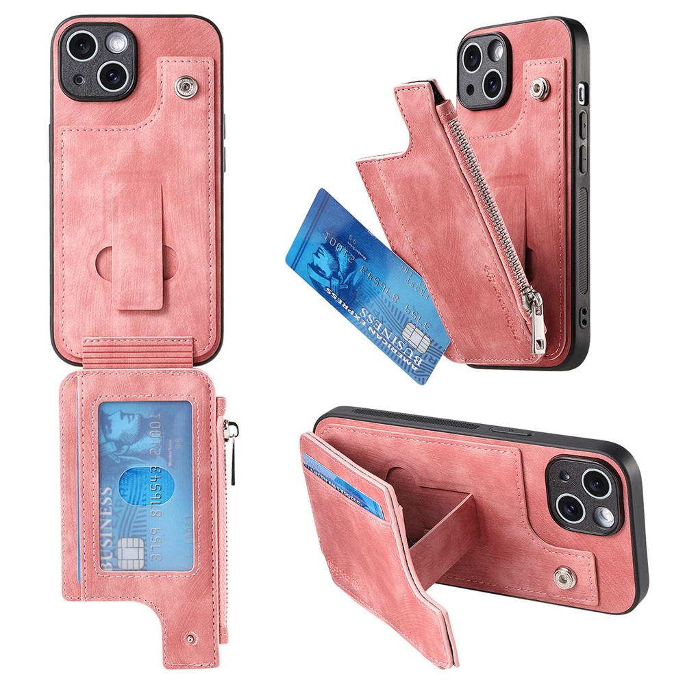 For iPhone 14 Case Zipper Card Holder Kickstand Leather + PC + TPU Phone Cover - Pink