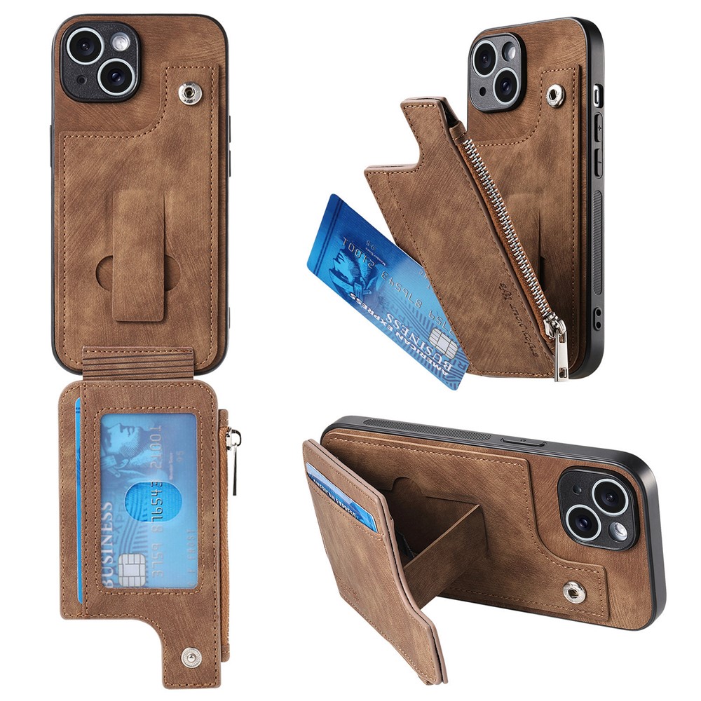 For iPhone 14 Case Zipper Card Holder Kickstand Leather + PC + TPU Phone Cover - Brown