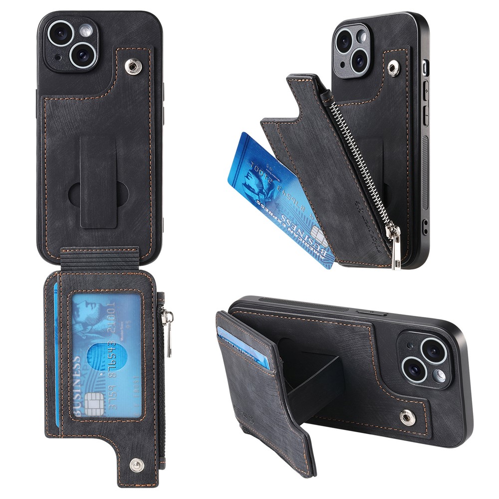 For iPhone 14 Case Zipper Card Holder Kickstand Leather + PC + TPU Phone Cover - Black