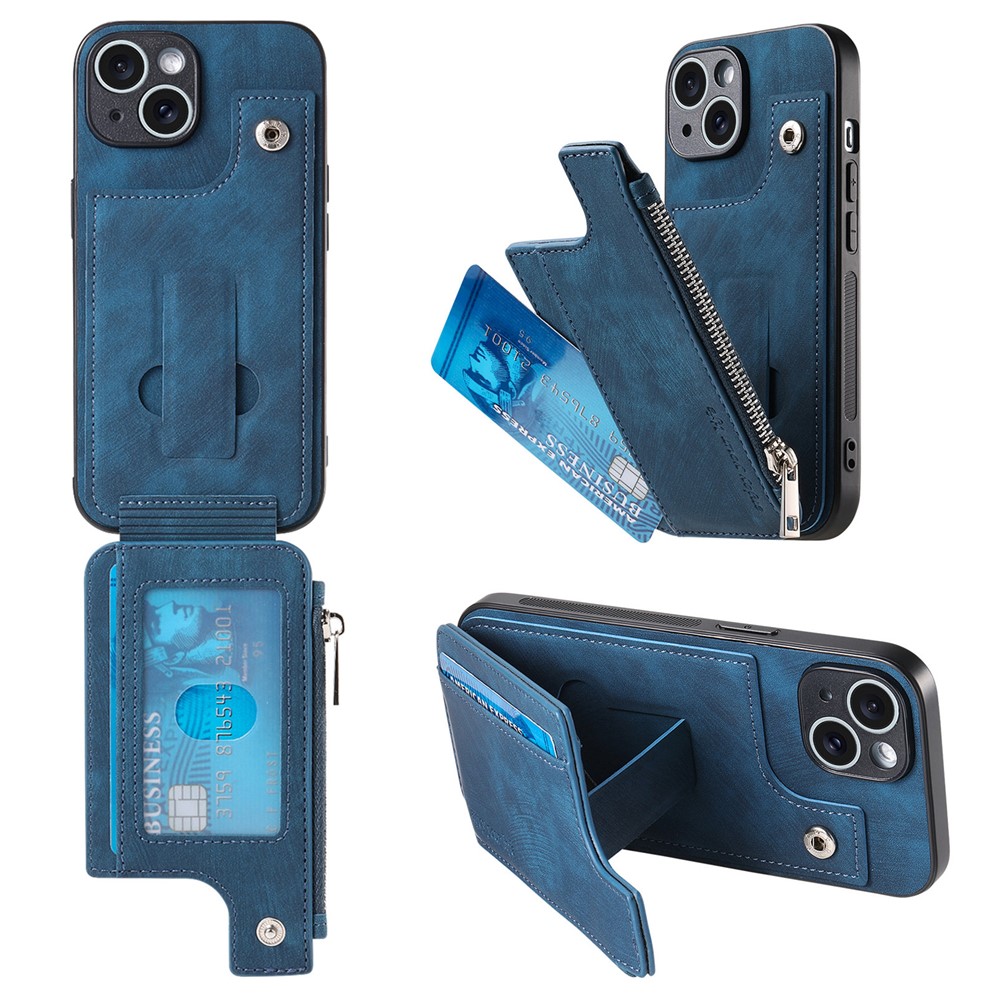 For iPhone 14 Case Zipper Card Holder Kickstand Leather + PC + TPU Phone Cover - Blue