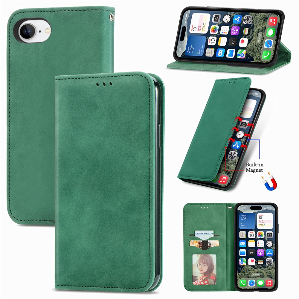 For iPhone 16e Leather Case with Card Holder Magnetic Absorption Phone Cover - Green