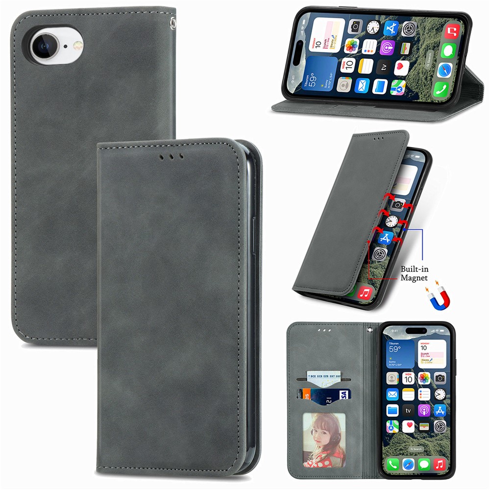 For iPhone 16e Leather Case with Card Holder Magnetic Absorption Phone Cover - Grey