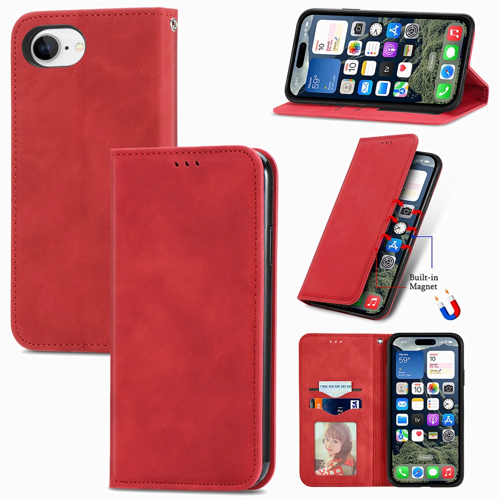 For iPhone 16e Leather Case with Card Holder Magnetic Absorption Phone Cover - Red