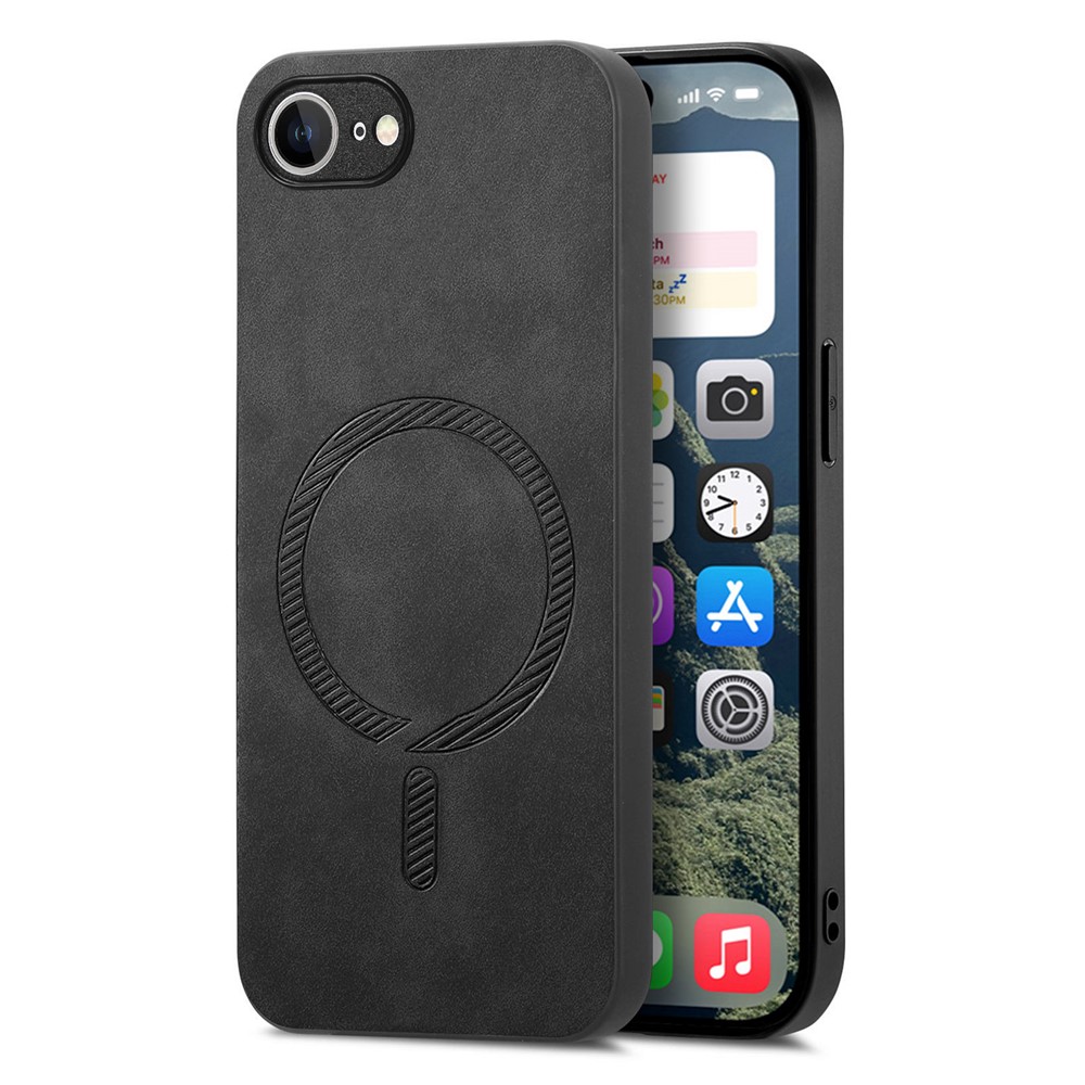 For iPhone 16e Leather Back Case Compatible with MagSafe Skin-touch Phone Cover - Black