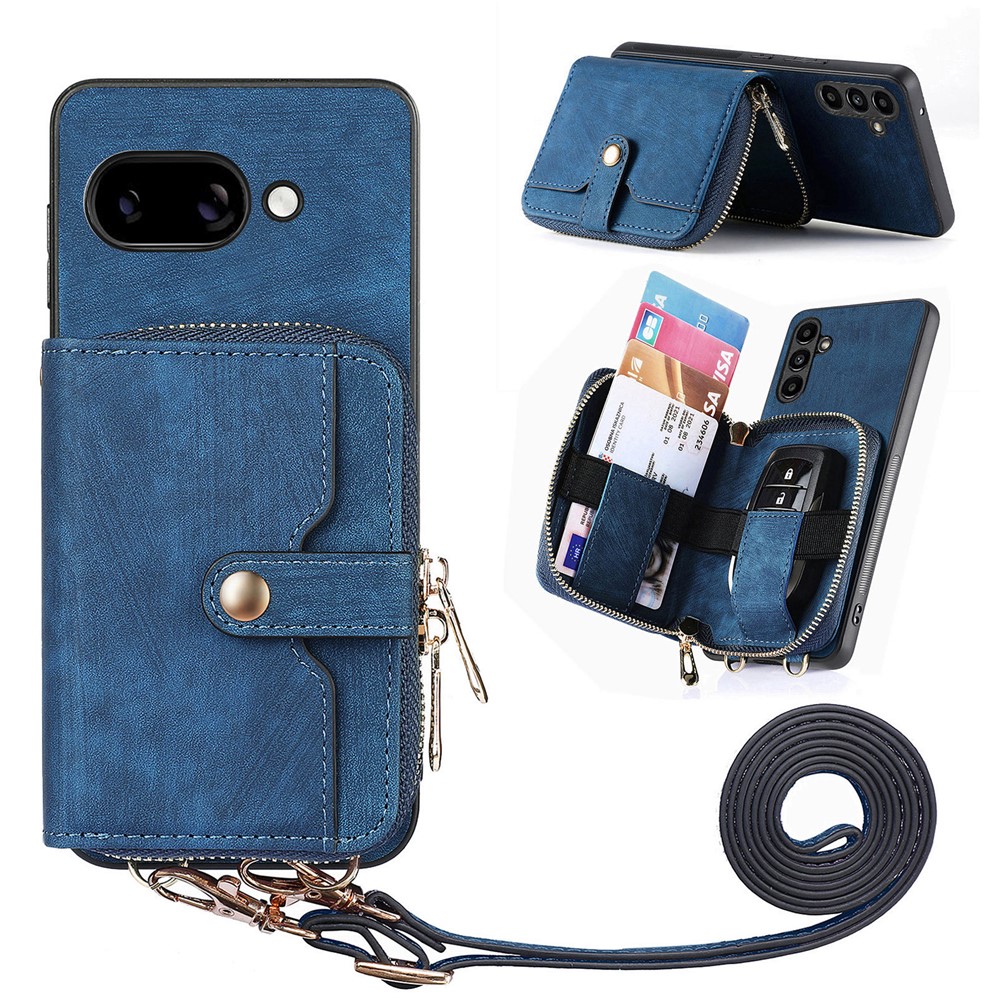 For Google Pixel 9a PU Leather Phone Back Cover with Zipper Card Holder and Long Strap - Blue