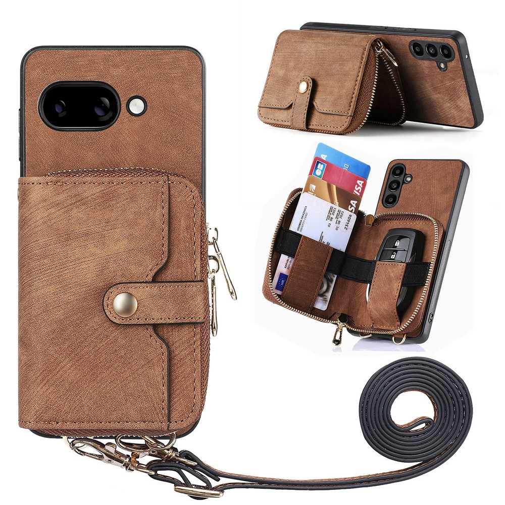 For Google Pixel 9a PU Leather Phone Back Cover with Zipper Card Holder and Long Strap - Brown