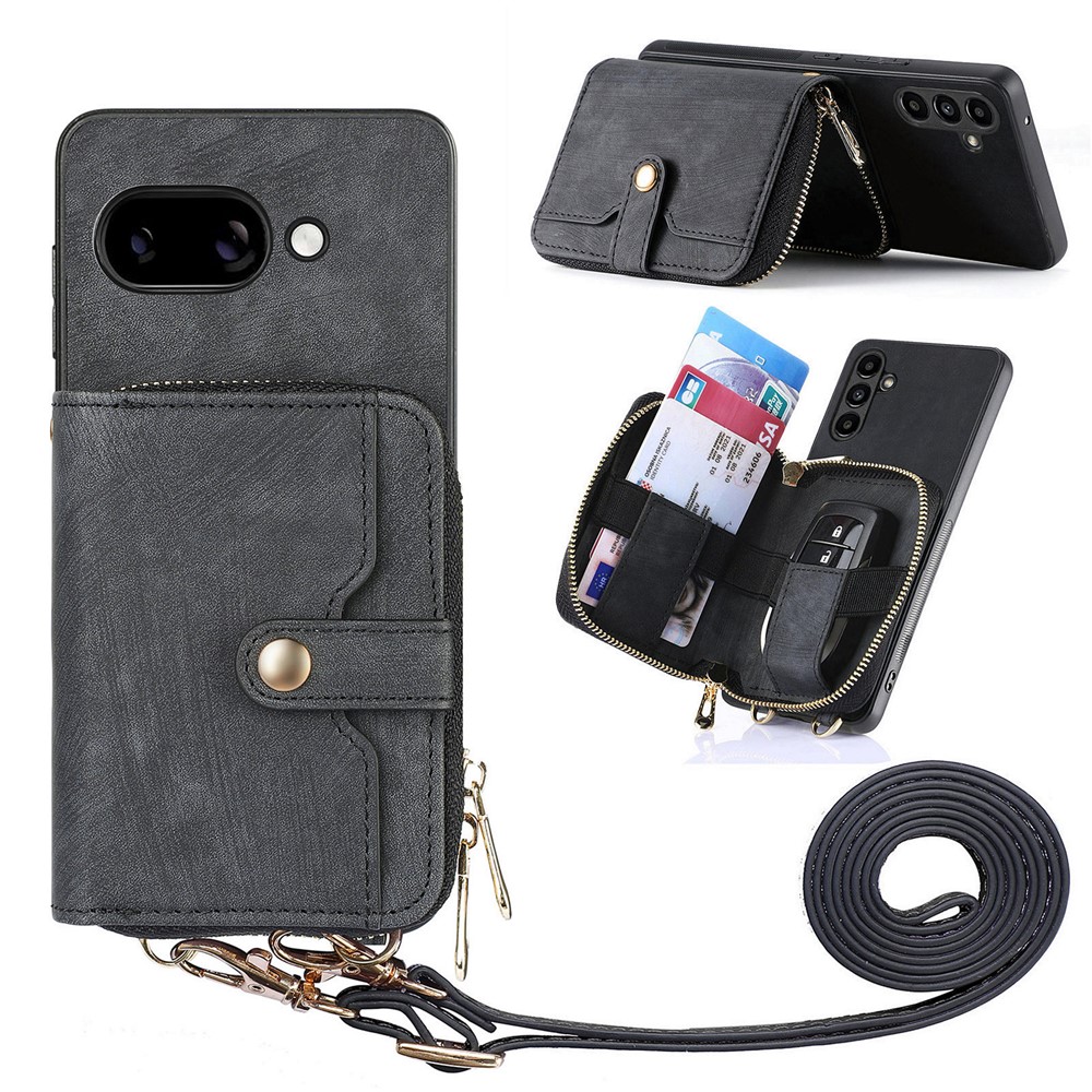 For Google Pixel 9a PU Leather Phone Back Cover with Zipper Card Holder and Long Strap - Black
