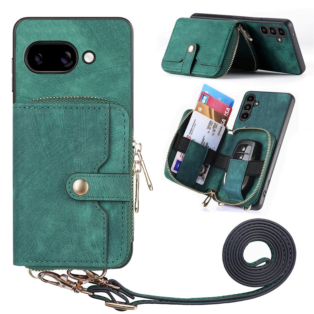 For Google Pixel 9a PU Leather Phone Back Cover with Zipper Card Holder and Long Strap - Green