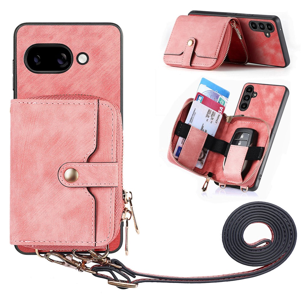 For Google Pixel 9a PU Leather Phone Back Cover with Zipper Card Holder and Long Strap - Pink