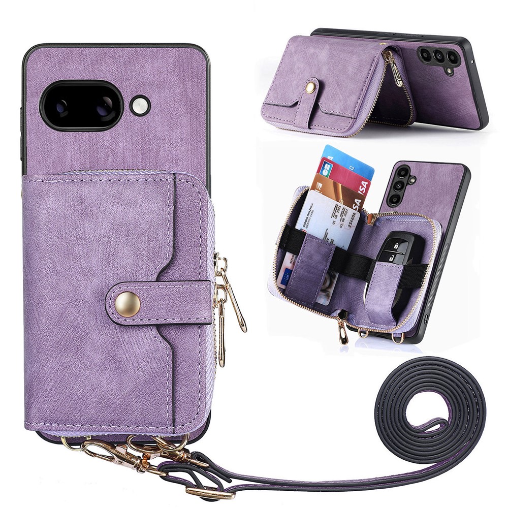 For Google Pixel 9a PU Leather Phone Back Cover with Zipper Card Holder and Long Strap - Purple