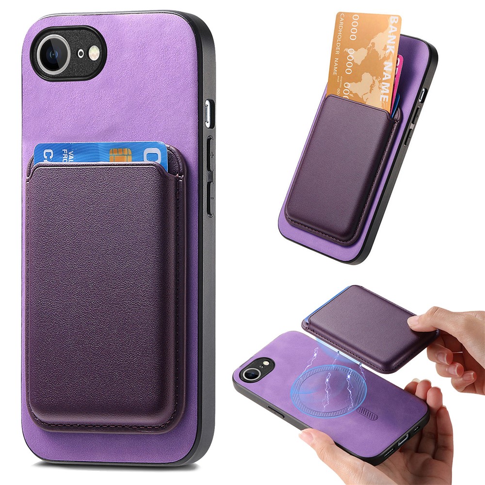 For iPhone 16e Case Detachable Magnetic Card Bag Leather Phone Back Cover - Purple