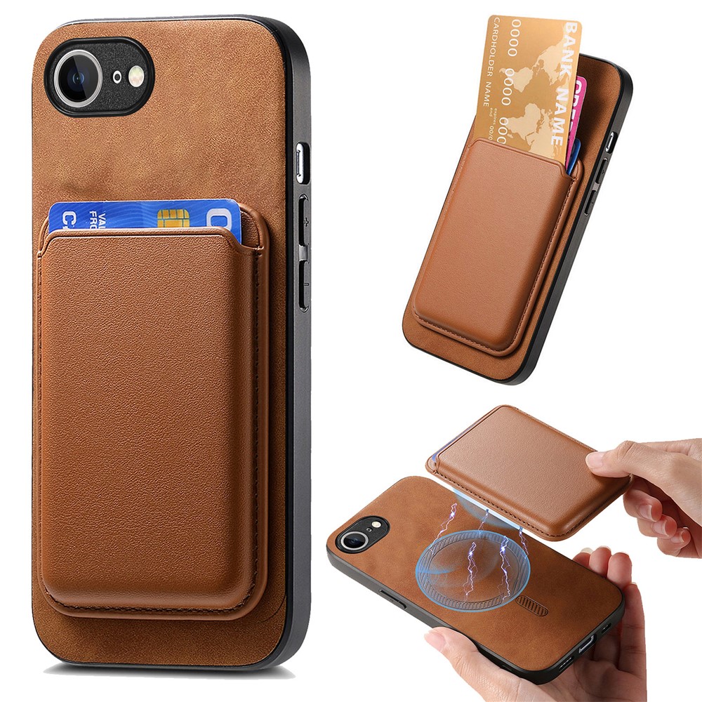 For iPhone 16e Case Detachable Magnetic Card Bag Leather Phone Back Cover - Brown